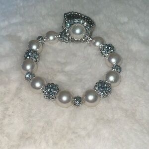 Stretch Ring and Bracelet set Silver with Pearl and Clear Rhinestones
